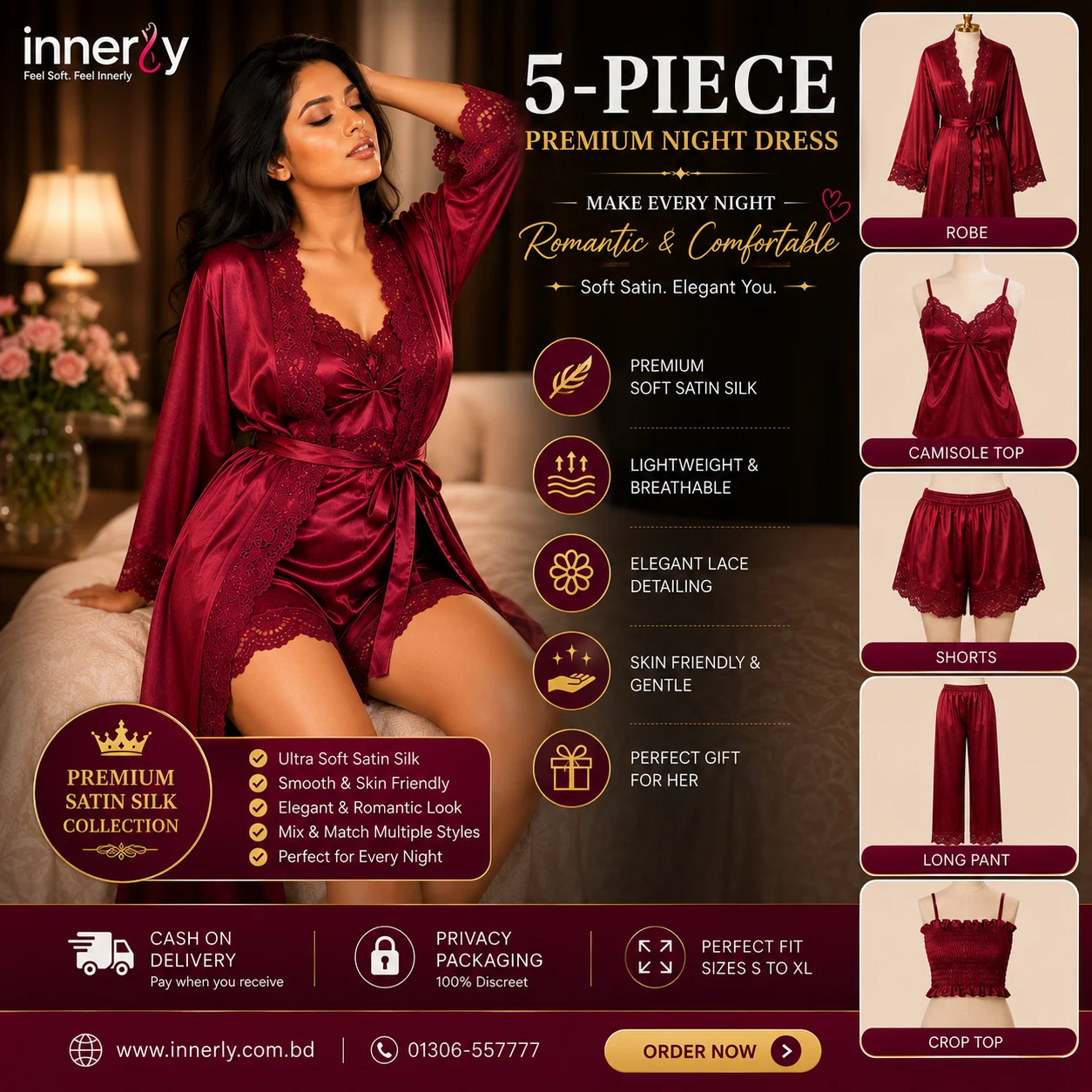 5 Part Premium Nightwear - Maroon Color